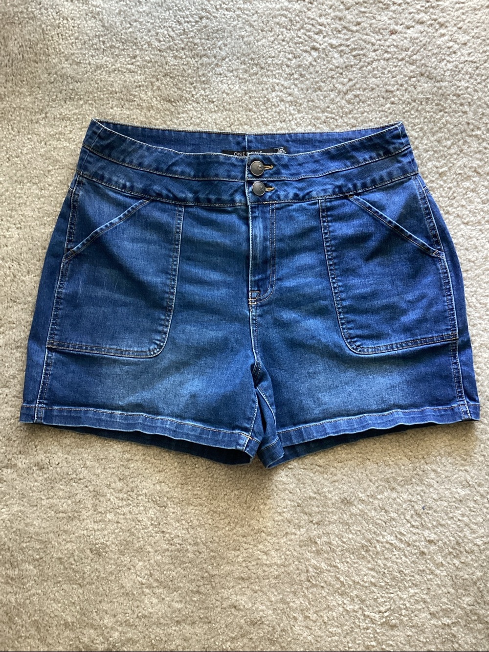One 5 One Women's Dark Blue Denim Shorts with Front Patch Pockets